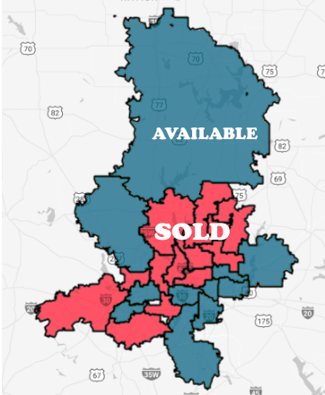 Map of available franchise territories for British Swim School in the Dallas-Fort Worth area