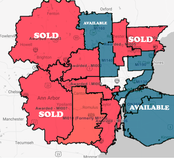 Map of available franchise territories for British Swim School in the Detriot, Michigan area